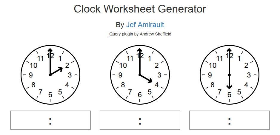 Screenshot of a generated analog clock worksheet