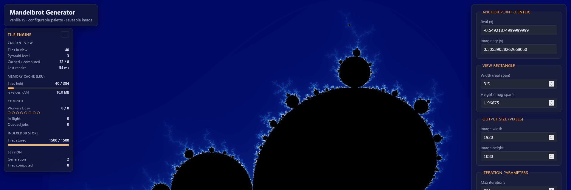 Screenshot of the Mandelbrot Explorer rendering a fractal